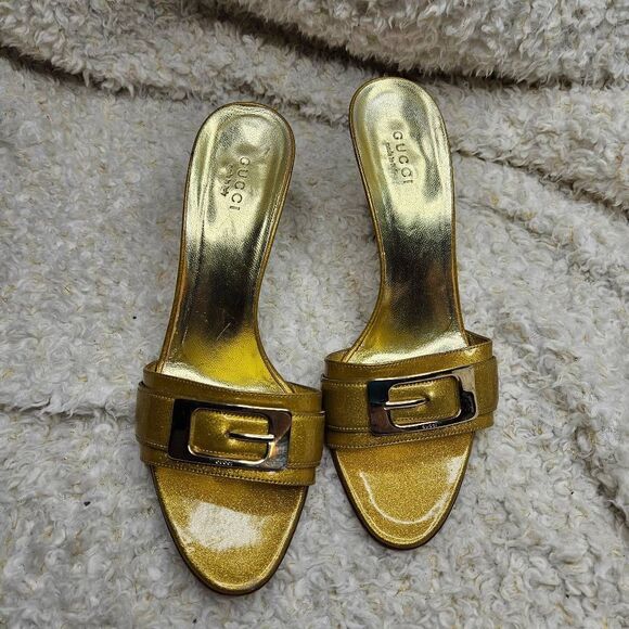Gucci Gold Glitter Patent Leather Open Toe Slide Heeled Sandals size 37.5‎ - Picture 3 of 12